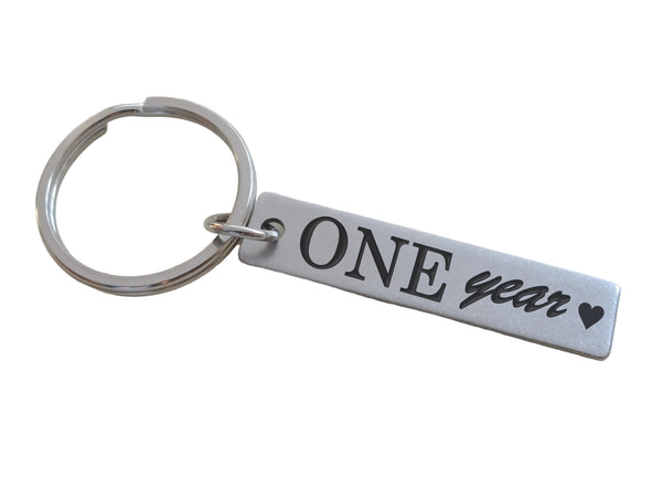 Small Steel Tag Keychain Engraved with "One Year" and Heart Symbol, Couples 1 Year Anniversary Gift