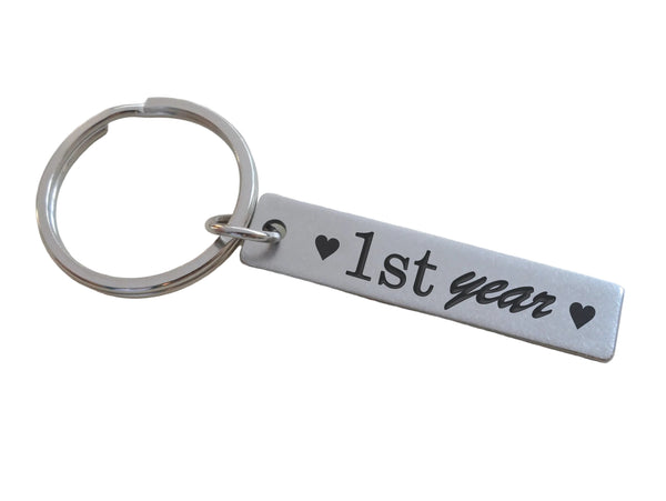 Small Steel Tag Keychain Engraved with "1st Year" and Heart Symbols, Couples 1 Year Anniversary Gift