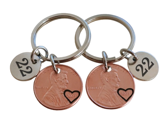 Double Keychain Set, 2003 Penny Keychains with Number 22 Charms; 22 Year Anniversary