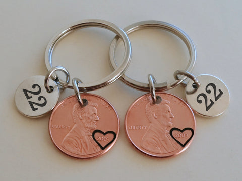 Double Keychain Set, 2003 Penny Keychains with Number 22 Charms; 22 Year Anniversary