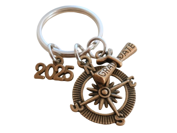 Custom Graduation Bronze Compass Charm Keychain with Graduate Scroll Charm, Class of 2025 Personalized Graduate Keychain Gift