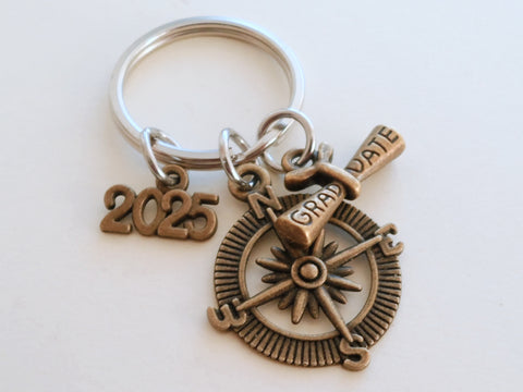 Custom Graduation Bronze Compass Charm Keychain with Graduate Scroll Charm, Class of 2025 Personalized Graduate Keychain Gift