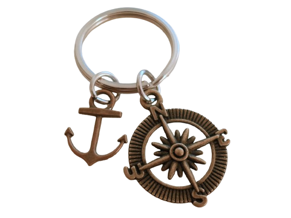Bronze Compass Charm Keychain with Anchor Charm - I'd Be Lost Without You; Couples Keychain