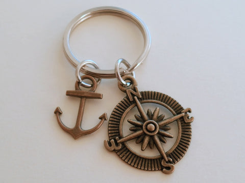 Bronze Compass Charm Keychain with Anchor Charm - I'd Be Lost Without You; Couples Keychain