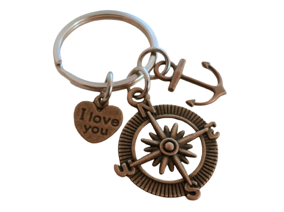 Bronze Compass Charm Keychain with Anchor & I Love You Heart Charm - I'd Be Lost Without You; Couples Keychain