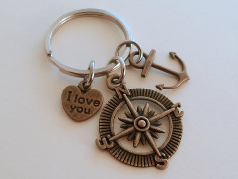 Bronze Compass Charm Keychain with Anchor & I Love You Heart Charm - I'd Be Lost Without You; Couples Keychain
