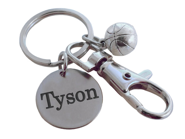 Basketball Charm Keychain with Custom Engraved Disc with Clasp, For Graduate, School Team Player or Coach Gift