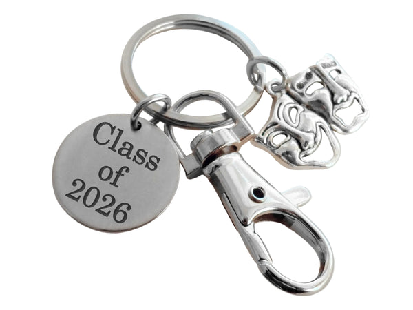Theatre Masks Keychain with Class of Disc & clasp, Tragedy & Comedy Charm, Drama Keychain, 2026 Graduation Gift Keychain, Theater Actors Keychain, Theatre Face