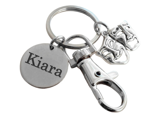 Theatre Masks Keychain with Custom Engraved Disc & clasp, Tragedy & Comedy Charm, Drama Keychain, 2026 Graduation Gift Keychain, Theater Actors Keychain, Theatre Face