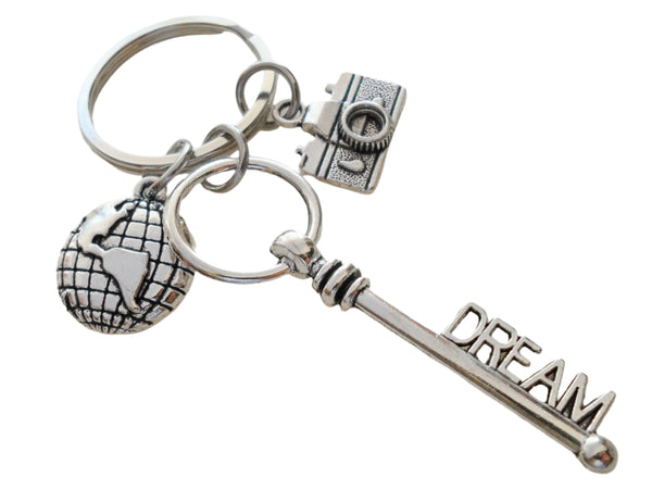 Camera Charm Keychain with Dream Key Charm and World Globe Charm, Photographer Keychain