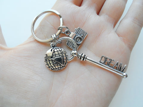 Camera Charm Keychain with Dream Key Charm and World Globe Charm, Photographer Keychain