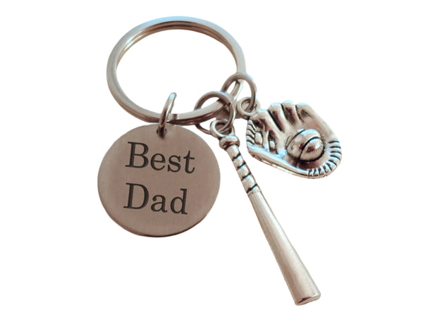 Baseball Dad Keychain with Baseball Glove & Bat Charm & Best Dad Engraved Disc; Father's Day Gift