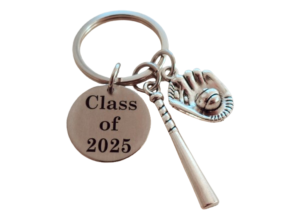 Custom Graduation Class of 2025 Disc Keychain with Baseball Mitt Charm, Personalized Graduate Keychain Gift