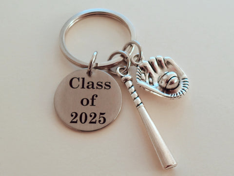 Custom Graduation Class of 2025 Disc Keychain with Baseball Mitt Charm, Personalized Graduate Keychain Gift