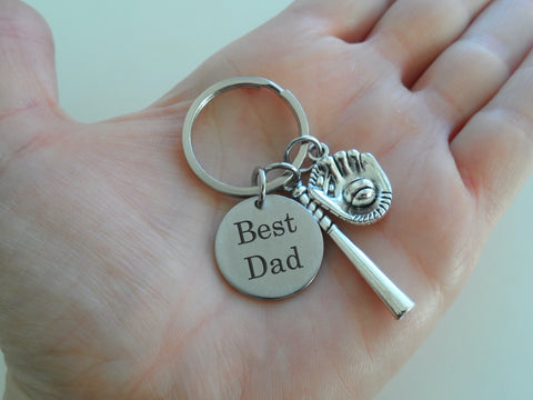 Baseball Dad Keychain with Baseball Glove & Bat Charm & Best Dad Engraved Disc; Father's Day Gift