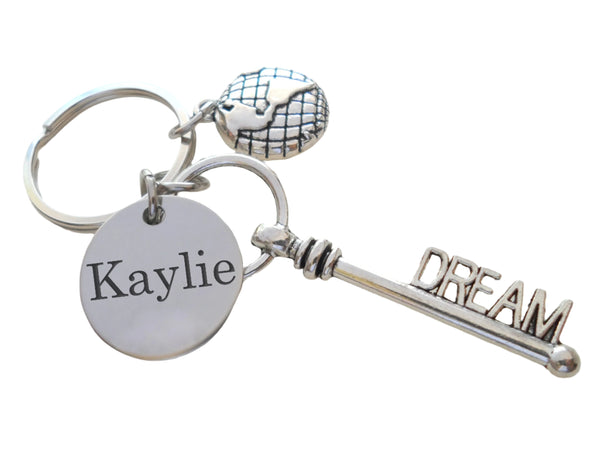 Personalized World Globe Charm Keychain with Dream Key Charm & Custom Engraved Disc