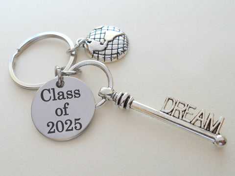 Personalized World Globe Charm Keychain with Dream Key Charm & Custom Engraved Disc