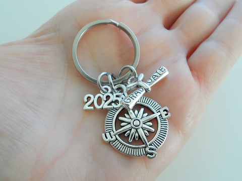 Custom Graduation Compass Charm Keychain with 2025 Charm & Graduate Scroll Charm, Class of 2025 Personalized Initial Option, For Graduate Keychain Gift
