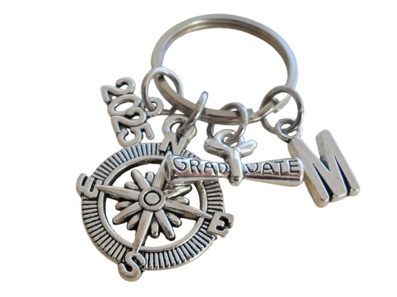 Custom Graduation Compass Charm Keychain with 2025 Charm & Graduate Scroll Charm, Class of 2025 Personalized Initial Option, For Graduate Keychain Gift