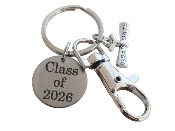 Class of 2026 Disc Keychain with Graduate Scroll Charm & Clasp, Graduation Gift Keychain