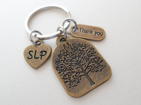 Personalized Engraved Teacher or Therapist Keychain with Bronze Tree, Thank You Charm & Custom Engraved Heart Tag