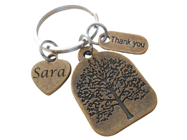 Personalized Engraved Teacher or Therapist Keychain with Bronze Tree, Thank You Charm & Custom Engraved Heart Tag