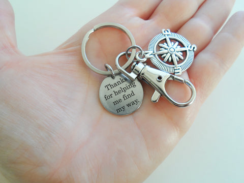 Compass Charm Keychain with "Thanks for Helping Me Find My Way" Engraved Disc and Swivel Clasp.