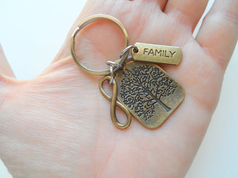 Family Reunion Gift Keychain with Bronze Tree Tag Charm, Family Tag & Infinity Charm