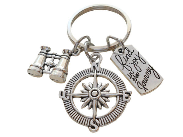 Compass Keychain with Binoculars & Find Joy in the Journey Charm, Camping Keychain