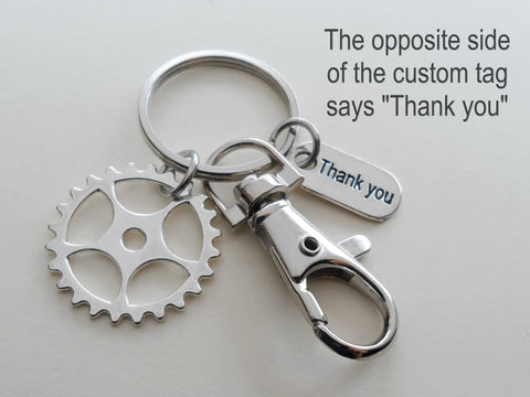 Employee Appreciation Gifts • Silver Gear Keychain with Clasp & Custom Engraved Thank You Tag by JewelryEveryday with "Thanks for being an essential part of our team!" Card
