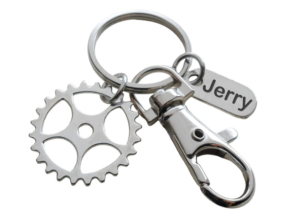 Employee Appreciation Gifts • Silver Gear Keychain with Clasp & Custom Engraved Thank You Tag by JewelryEveryday with "Thanks for being an essential part of our team!" Card