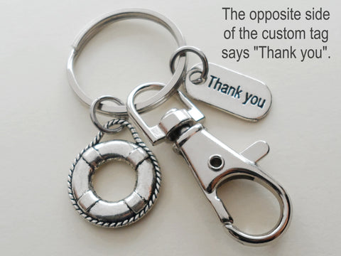 Volunteer Appreciation Gifts • Custom Engraved "Thank You" Tag & Silver Lifesaver Keychain with Clasp by JewelryEveryday with "You've been a lifesaver!" Card