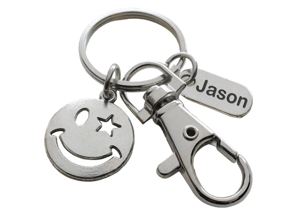 Employee or Volunteer Appreciation Gift • Silver Smiley Face Keychain with Clasp and Personalized Thank You Tag by JewelryEveryday with "Thanks for being a joy to work with!" Card
