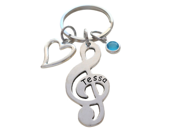 Custom Treble Clef Charm Keychain with Heart, Birthstone Charm and Engraved Name, Personalized Graduate Keychain, Gift for Musician
