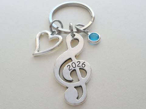 Custom Treble Clef Charm Keychain with Heart, Birthstone Charm and Engraved Name, Personalized Graduate Keychain, Gift for Musician