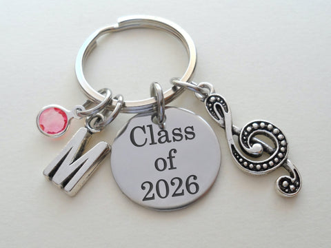Music Keychain with Treble Clef Charm and Custom Engraved Disc, Musician or Teacher Keychain