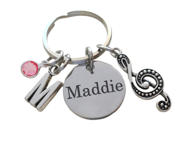 Music Keychain with Treble Clef Charm and Custom Engraved Disc, Musician or Teacher Keychain