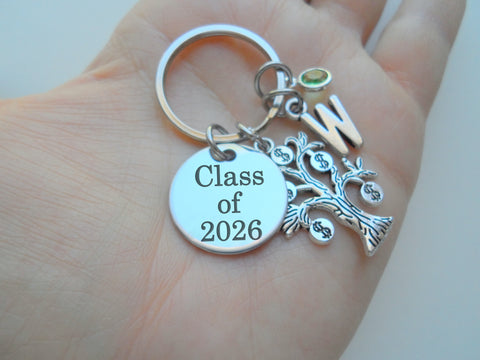 Accountant Student Charm Keychain with Money Tree Charm & Custom Engraved Disc; For Accountant, Bookkeeper or Entrepreneur