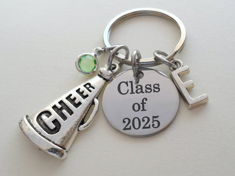 Cheerleader Charm Keychain with Custom Engraved Disc & Cheer Megaphone Charm, Cheerleading Student or Coach