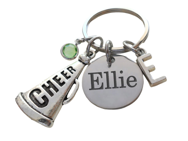 Cheerleader Charm Keychain with Custom Engraved Disc & Cheer Megaphone Charm, Cheerleading Student or Coach