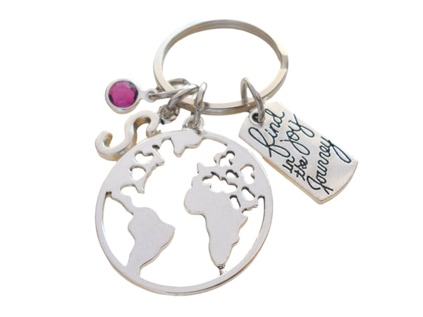 Cutout World Globe Charm Keychain with Find Joy in the Journey Charm & Option to Add Personalization, Initial & Birthstone