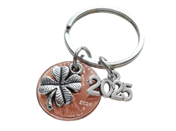 Employee Appreciation Gifts • Penny Keychain with Clover Charm & 2025 Charm by JewelryEveryday with "Lucky to work with you!" Card