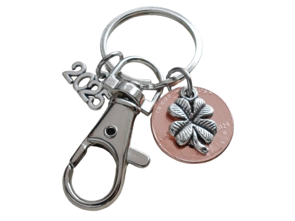 Employee Appreciation Keychain with Clover Charm Layered Over Penny with 2025 Charm & Clasp, Lucky to work with you!