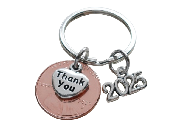 Thank You Charm Layered Over Penny Keychain with 2025 Charm, Employee & Volunteer Appreciation Keychain, Lucky to Work with You!