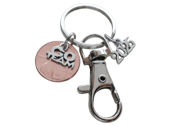 Go Team Charm Layered Over Penny Keychain with 2025 Charm & Clasp, Employee & Volunteer Appreciation; Lucky to Work with You!