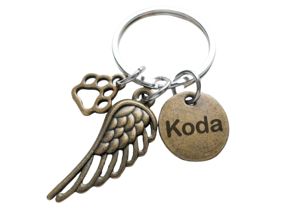 Custom Bronze Paw & Wing Charm Keychain with Engraved Disc, Pet Loss Gift, Dog Memorial Keychain