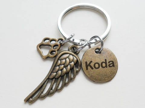 Custom Bronze Paw & Wing Charm Keychain with Engraved Disc, Pet Loss Gift, Dog Memorial Keychain