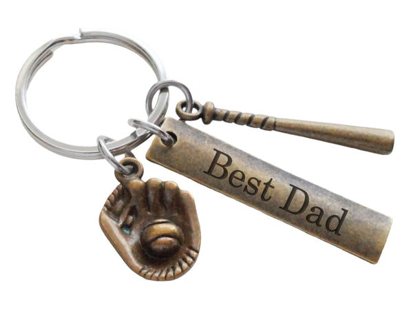 Baseball Dad Keychain with Bronze Baseball Glove & Bat Charm & Custom Engraved Tag; Father's Day Gift