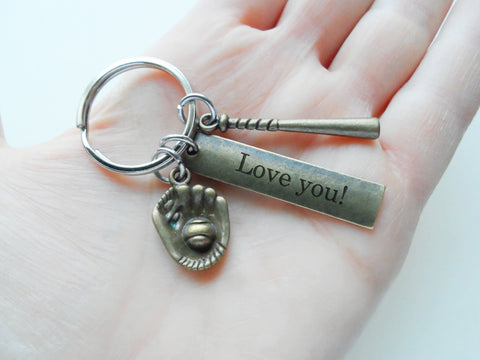 Baseball Dad Keychain with Bronze Baseball Glove & Bat Charm & Custom Engraved Tag; Father's Day Gift