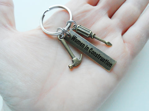 "Women in Construction" Engraved Bronze Tag with Hammer & Screwdriver Charm Keychain
